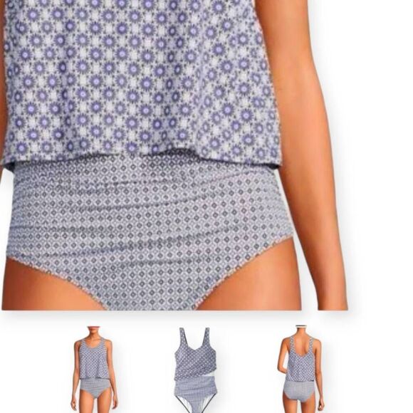 Lands End Womens Swimsuit Sz 2X Navy Print One Pc Tank Beachy Tankini UPF 50 Plu - Picture 1 of 12
